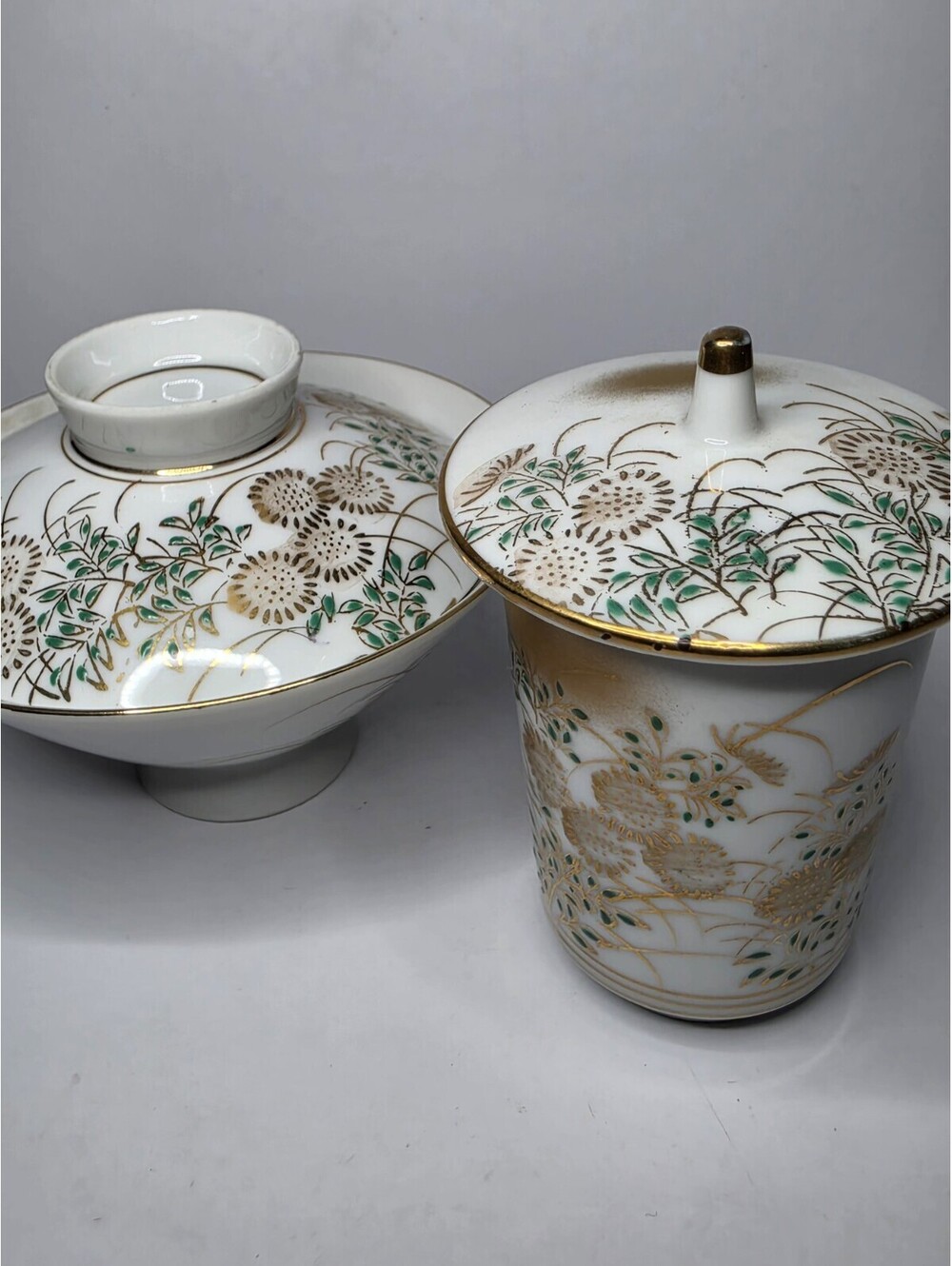 Vintage Japanese Kutani Ware Lidded Rice Bowl & Teacup Set Gold Hanazume Gyokudo